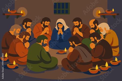 Obraz na plátně Disciples in Upper Room Praying Together on Holy Saturday