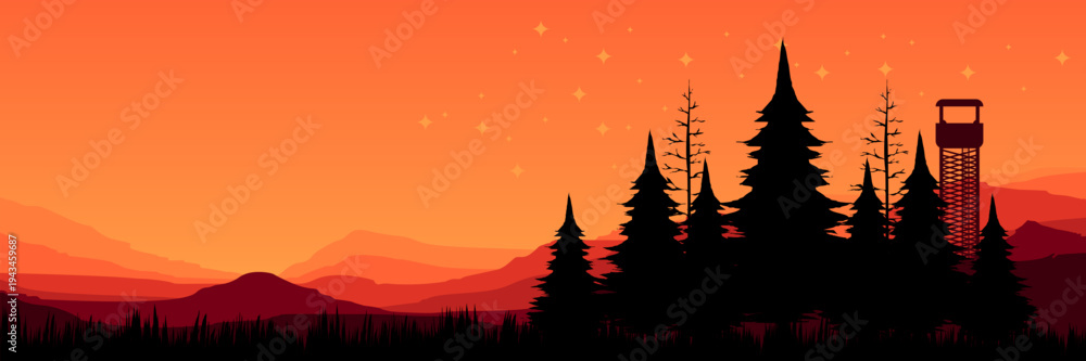 Obraz premium Atmospheric warm red woodland horizon at nightfall for summer camp stargazing invitation design