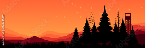 Atmospheric warm red woodland horizon at nightfall for summer camp stargazing invitation design