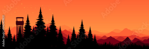Panoramic dramatic orange sunset mountain landscape with pine tree silhouettes and starry sky