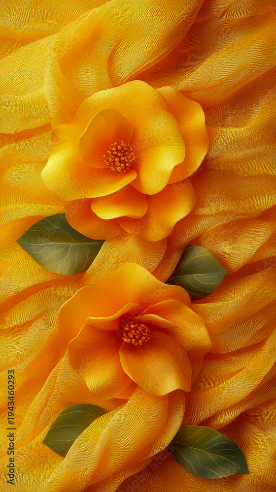 Obraz premium Luminous Golden Flowers with Delicate Petals and Green Foliage Artistically Arranged on Backdrop of Luxurious, Textured Yellow Silk Fabric, Evoking Sense of Warmth and Natural Elegance