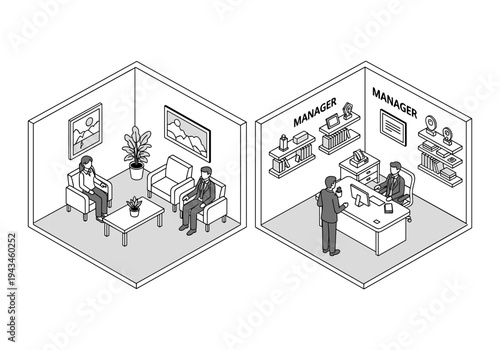 Isometric view of two office scenes: a waiting room and a manager's office