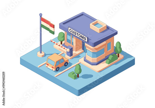 Isometric customs checkpoint with car and Hungarian flag, representing border control