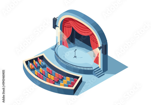 Isometric theater stage with red curtains, microphone, and audience seating