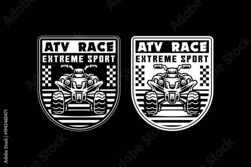 ATV Race Extreme Sport Vintage Logo Badge Vector Design. Mud Bike ,Quad Bike Sport with Checkered Flags for Motorsport