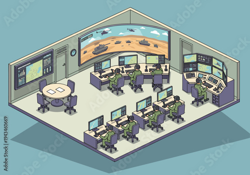 Military command center with soldiers operating computers and a large screen displaying battlefield