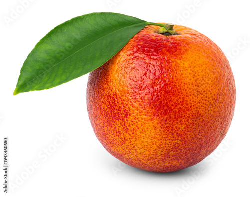 One ripe Sicilian orange with leaf isolated on white