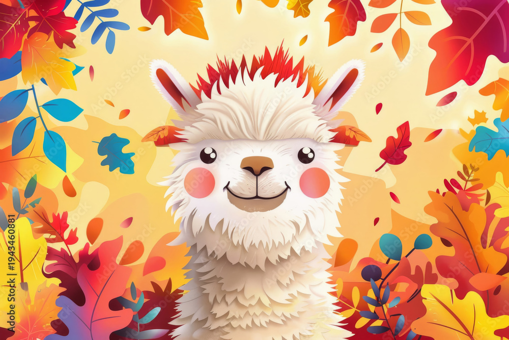 Naklejka premium Happy Alpaca Smiling Brightly As It Welcomes Visitors To Colorful Autumn Festival Environment