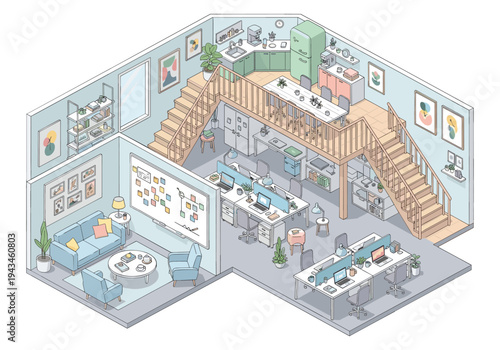 Cozy isometric office space with a mezzanine, kitchen, and lounge area