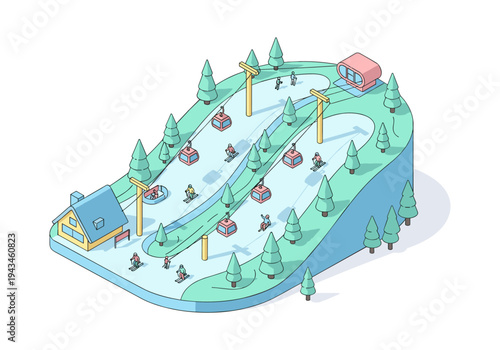 Isometric ski resort with skiers, chairlifts, and a cozy cabin on a snowy mountain