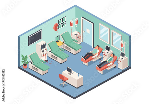 Isometric illustration of a modern dialysis center with patients receiving treatment