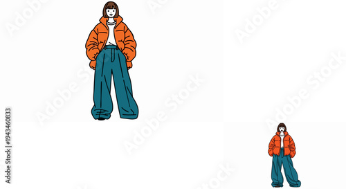 Stylish young woman wearing oversized orange puffer jacket and wide jeans