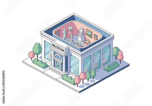 Isometric museum building interior with art exhibits and visitors, modern architectural illustration