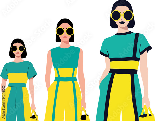 Vector illustration showing fashion evolution size progression of modern woman