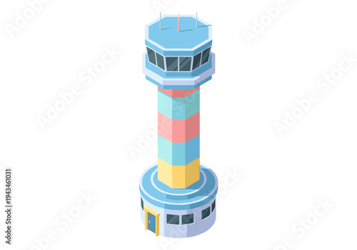 Modern airport control tower with colorful stripes and panoramic windows, isometric view