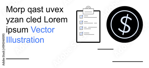 Financial goals, task organization, business growth, budgeting, productivity, money matters. A checklist clipboard beside a dollar sign in black. Financial goals and task organization