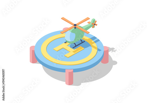Isometric helicopter landing pad with a green helicopter and a large H symbol