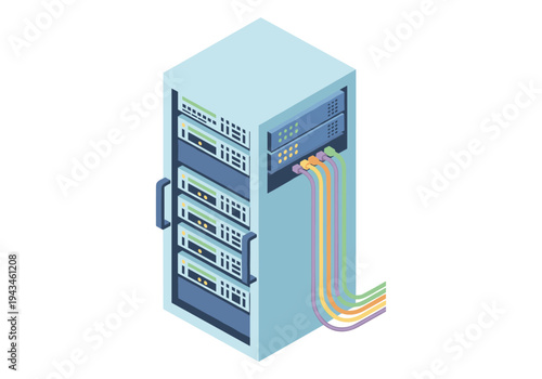Isometric server rack with colorful cables connected to network equipment
