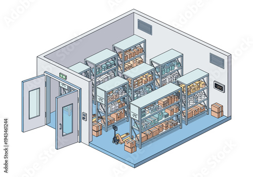 Isometric cold storage room filled with shelves of boxes and products
