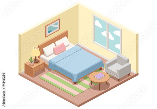 Cozy isometric bedroom illustration with a bed, armchair, and window view