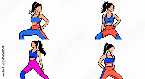 Vector graphic illustrations demonstrate woman performing various deep squat exercise poses