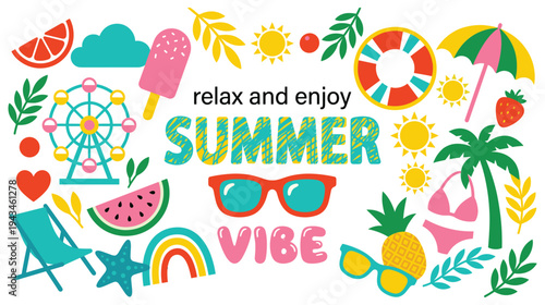 Summer vibe vector collection with beach icons and holiday elements
