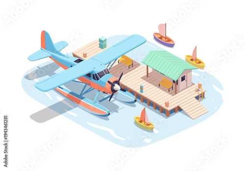 Seaplane docked at a wooden pier with small sailboats nearby on a sunny day