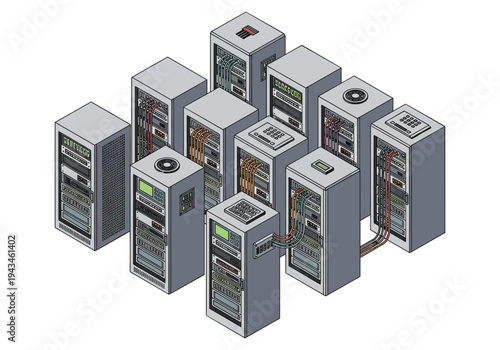 Isometric illustration of a server room with multiple racks and cables, representing data centers