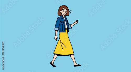 Young woman walking confidently in stylish denim jacket and yellow skirt