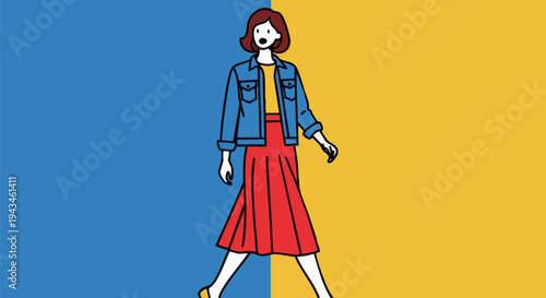 Stylish woman walking confidently in fashionable denim jacket and skirt vector illustration