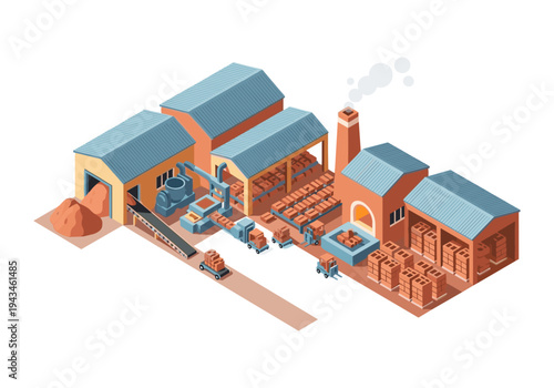 Isometric brick factory with conveyor belts, kilns, and forklifts producing construction materials