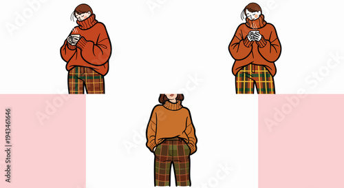 Cozy autumn fashion illustration featuring woman wearing turtleneck and plaid pants