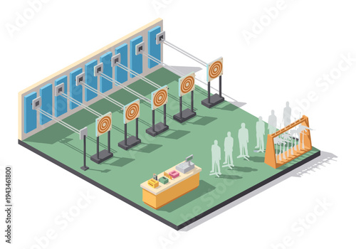 Isometric shooting range with targets, people silhouettes, and gun rack