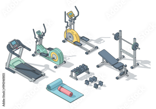 Isometric gym equipment collection including treadmill, elliptical, bench press, and dumbbells
