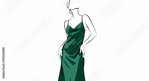 Elegant vector illustration of woman wearing a luxurious green cowl neck slip dress