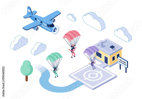 Isometric skydiving adventure with plane, parachutes, and landing zone