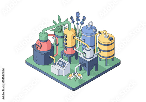 Isometric illustration of a distillation setup for essential oils with lavender and chamomile