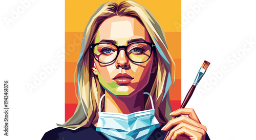 Young woman artist holding paintbrush and wearing glasses  
