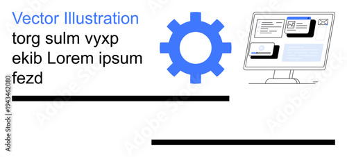 Business processes, web development, UX user experience, software tools, IT solutions, system settings. Gear icon and computer with digital interface. Business processes and web development concept