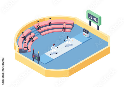 Isometric illustration of a fencing match with spectators and a scoreboard in a modern arena