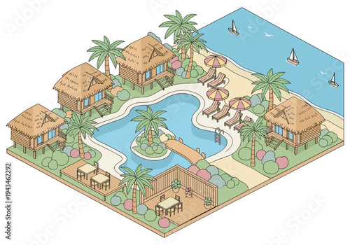 Tropical resort with overwater bungalows, swimming pool, and beachside loungers