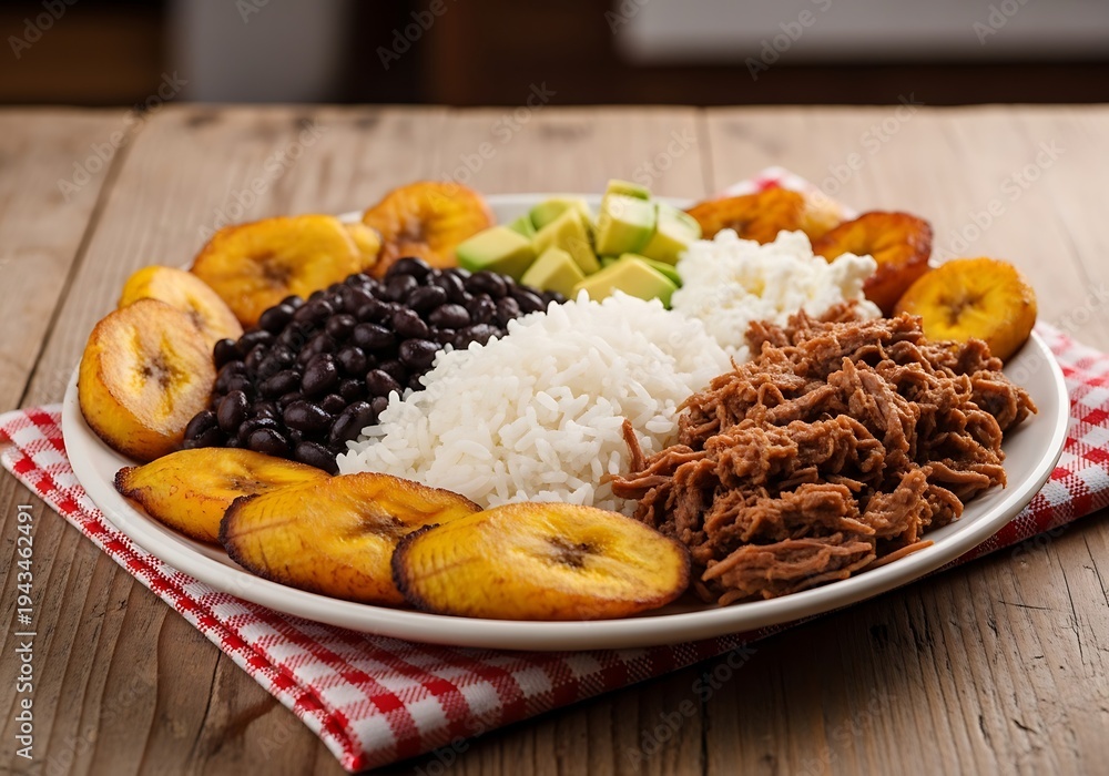 A plate of food with rice beans and meat