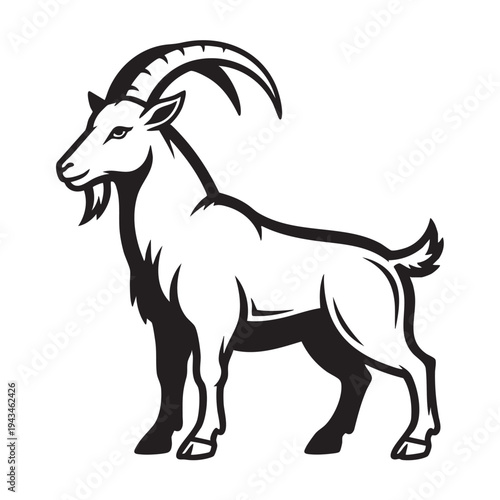 Illustration of a goat standing with curved horns and beard in profile view