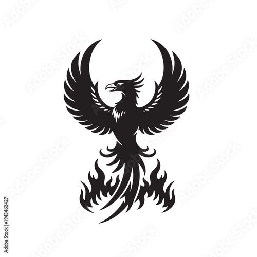 A phoenix rises from flames in a mythical scene with wings spread wide.