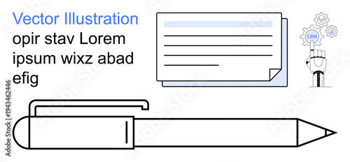 Business tools, technology, writing, productivity, CRM integration, communication. Pen icon with document and CRM symbol. Writing and communication concepts for productivity and technology tools
