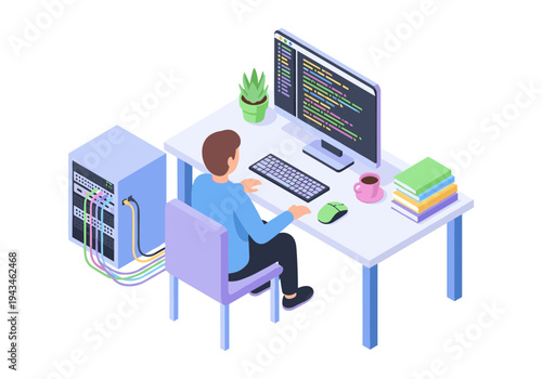 Programmer working on a computer with server rack and coding on screen