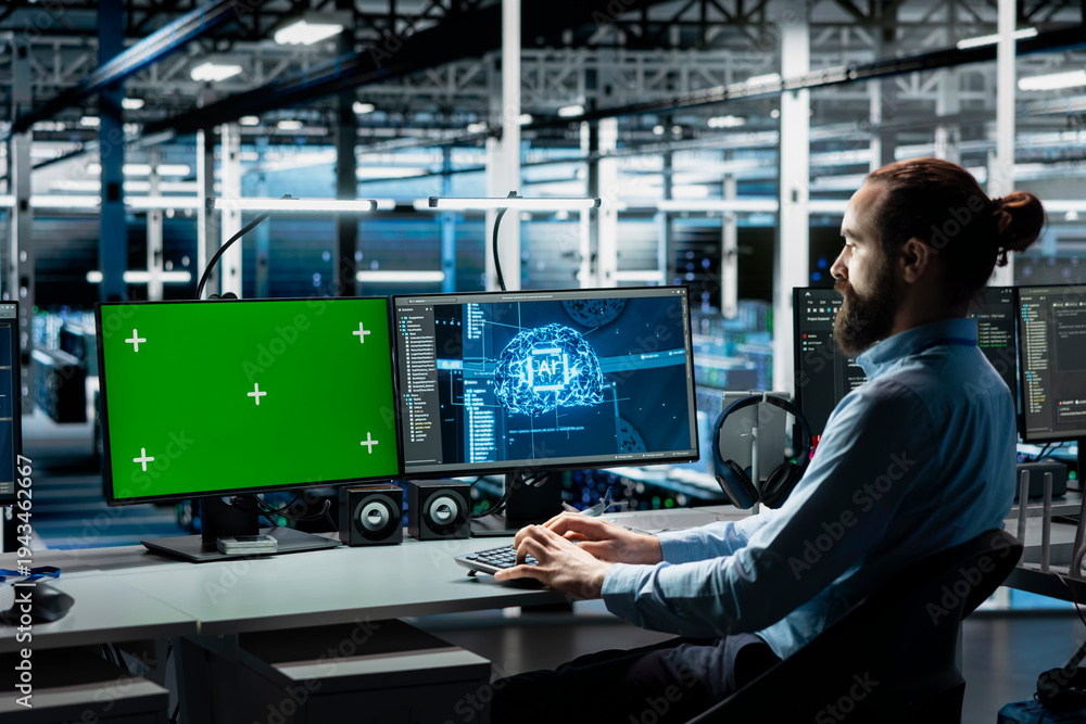 Obraz premium Data center technician using green screen PC, adjusting AI model parameters to upgrade systems. Man in server room using mockup computer, scheduling deep learning maintenance for hardware components