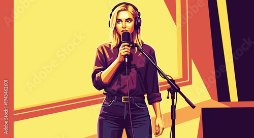 Woman singing into microphone while recording in music studio  