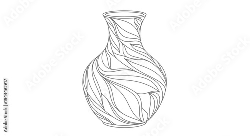 A black and white line drawing of a decorative vase with an intricate swirling leaf pattern.