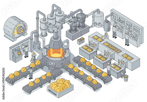 Isometric illustration of a modern industrial factory processing raw materials into finished goods